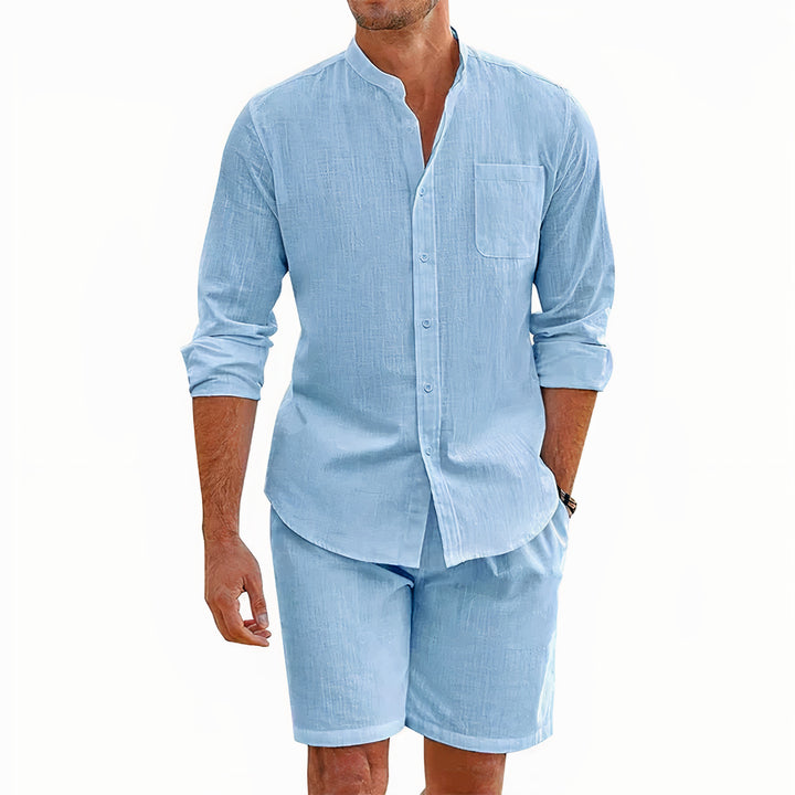 Premium linen polo and shorts set for men, offering lightweight fabric and elegant design for maximum comfort on summer days.






