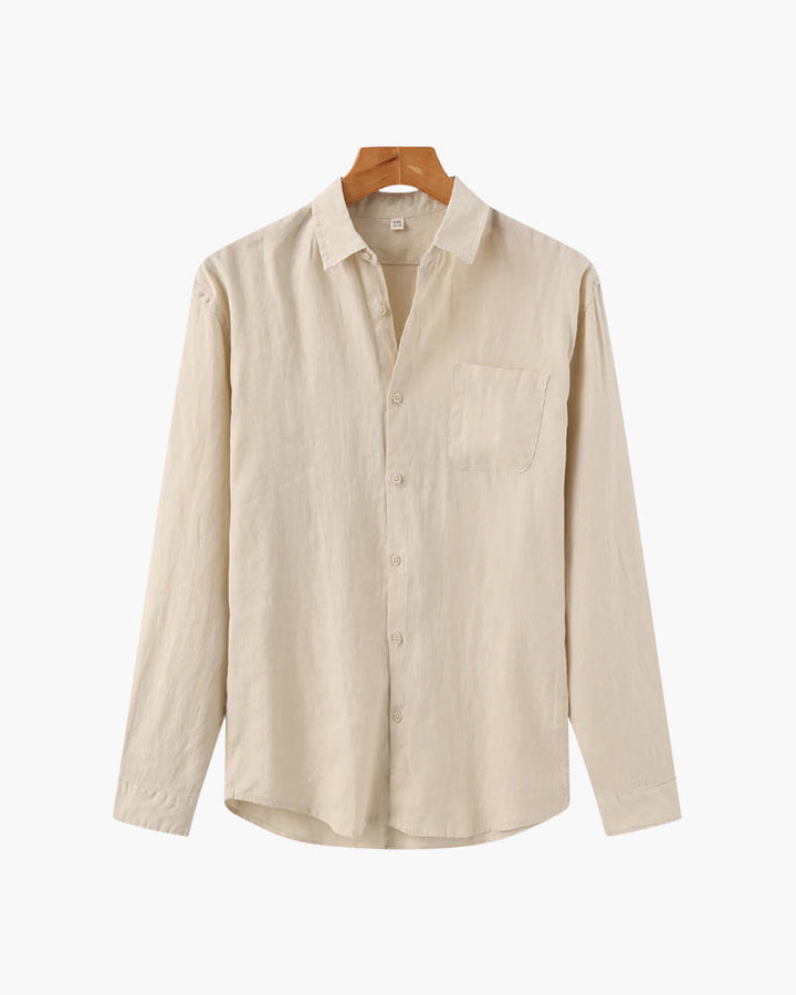 Relaxed fit linen shirt for casual style, featuring breathable fabric and lightweight comfort, perfect for summer days.