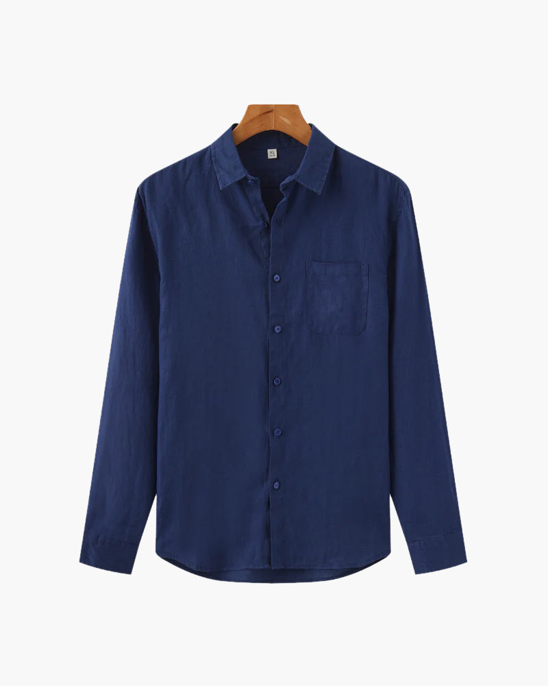 Relaxed fit linen shirt for casual style, featuring breathable fabric and lightweight comfort, perfect for summer days.