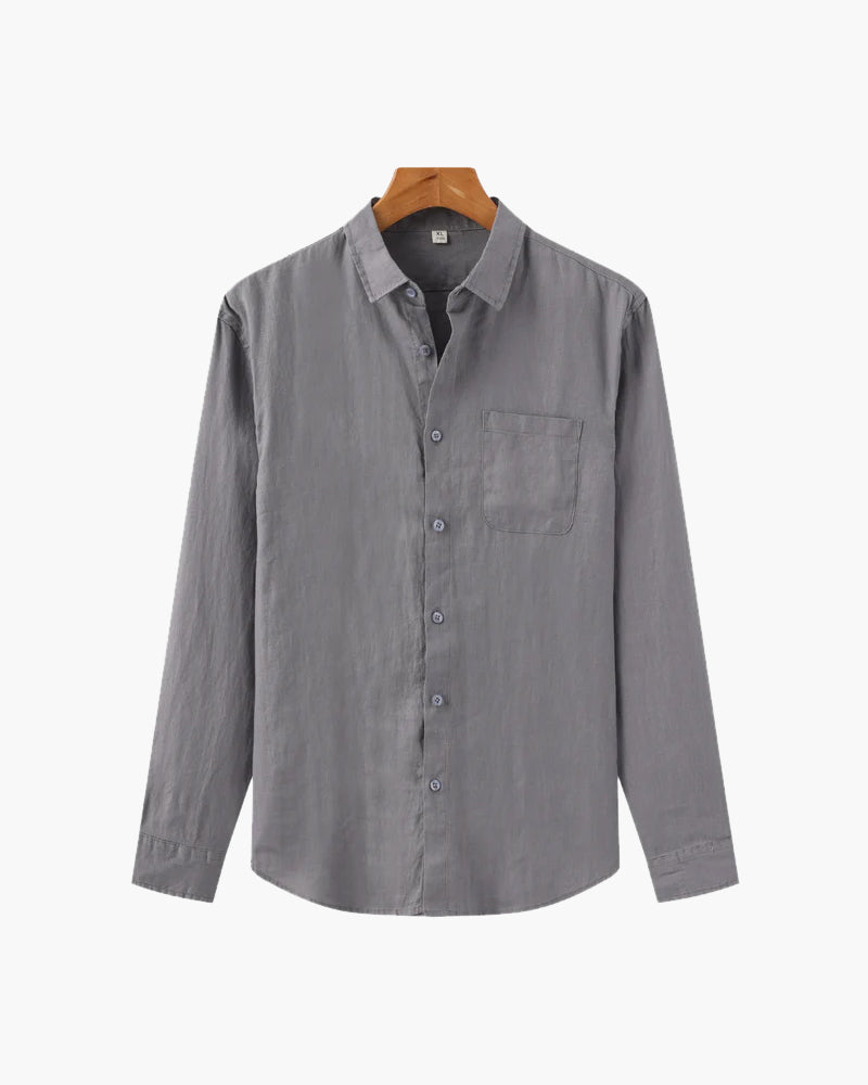 Relaxed fit linen shirt for casual style, featuring breathable fabric and lightweight comfort, perfect for summer days.