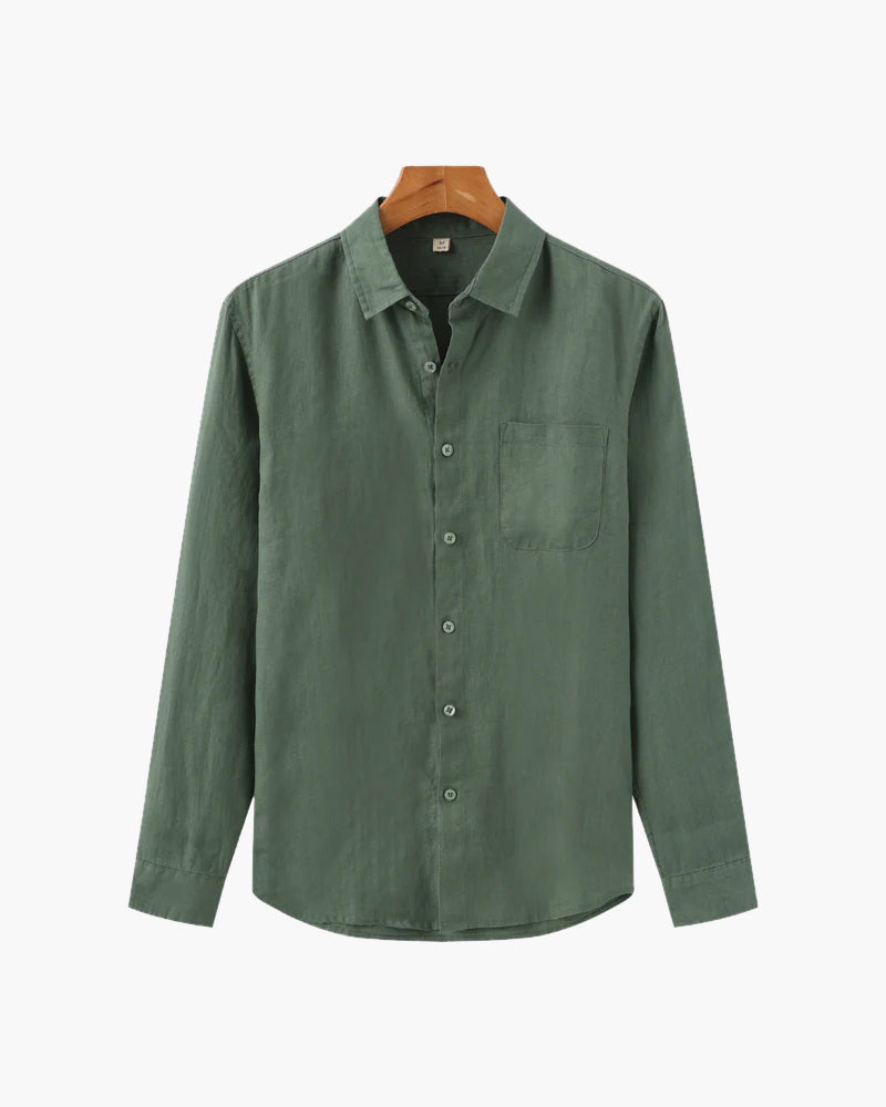 Relaxed fit linen shirt for casual style, featuring breathable fabric and lightweight comfort, perfect for summer days.