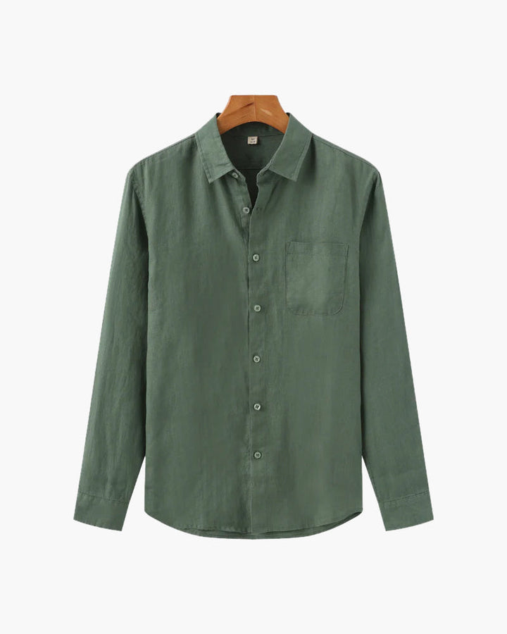 Relaxed fit linen shirt for casual style, featuring breathable fabric and lightweight comfort, perfect for summer days.