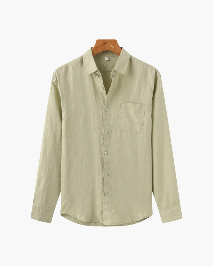 Relaxed fit linen shirt for casual style, featuring breathable fabric and lightweight comfort, perfect for summer days.