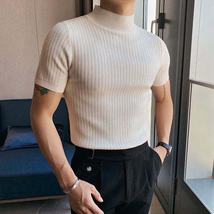 Slim-fit turtleneck shirt for men with a sleek design, soft stretchy fabric, and versatile style, perfect for layering or standalone wear.