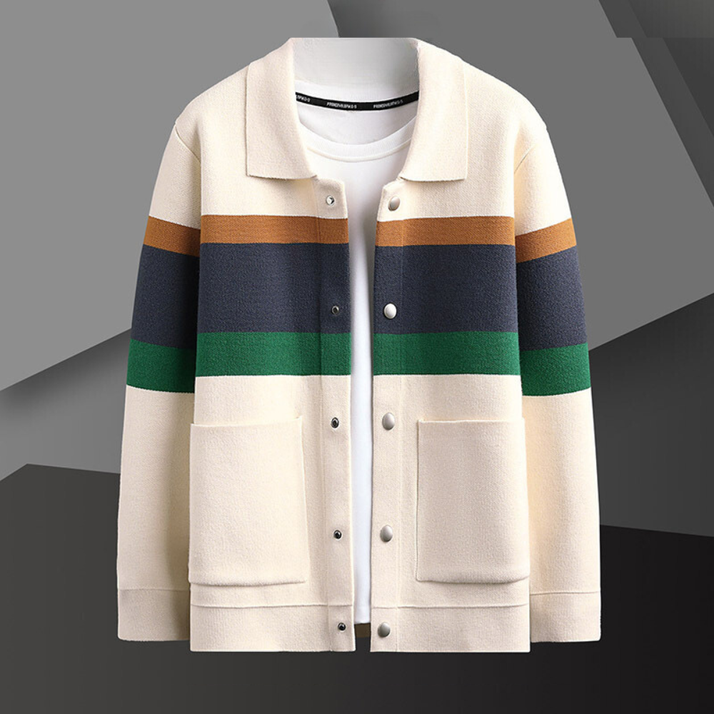 Trendy multicolored men's cardigan, perfect for layering and adding a bold touch to autumn outfits.







