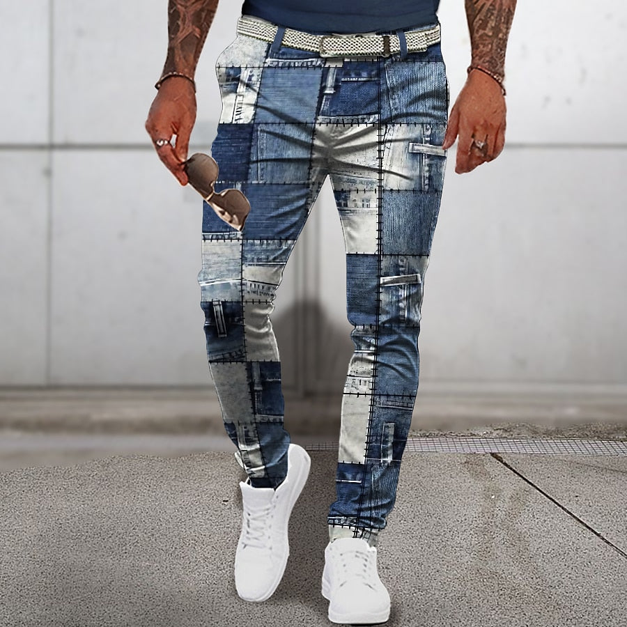 Stylish patchwork pants for men with a unique design, lightweight material, and relaxed fit, ideal for summer and casual outings.