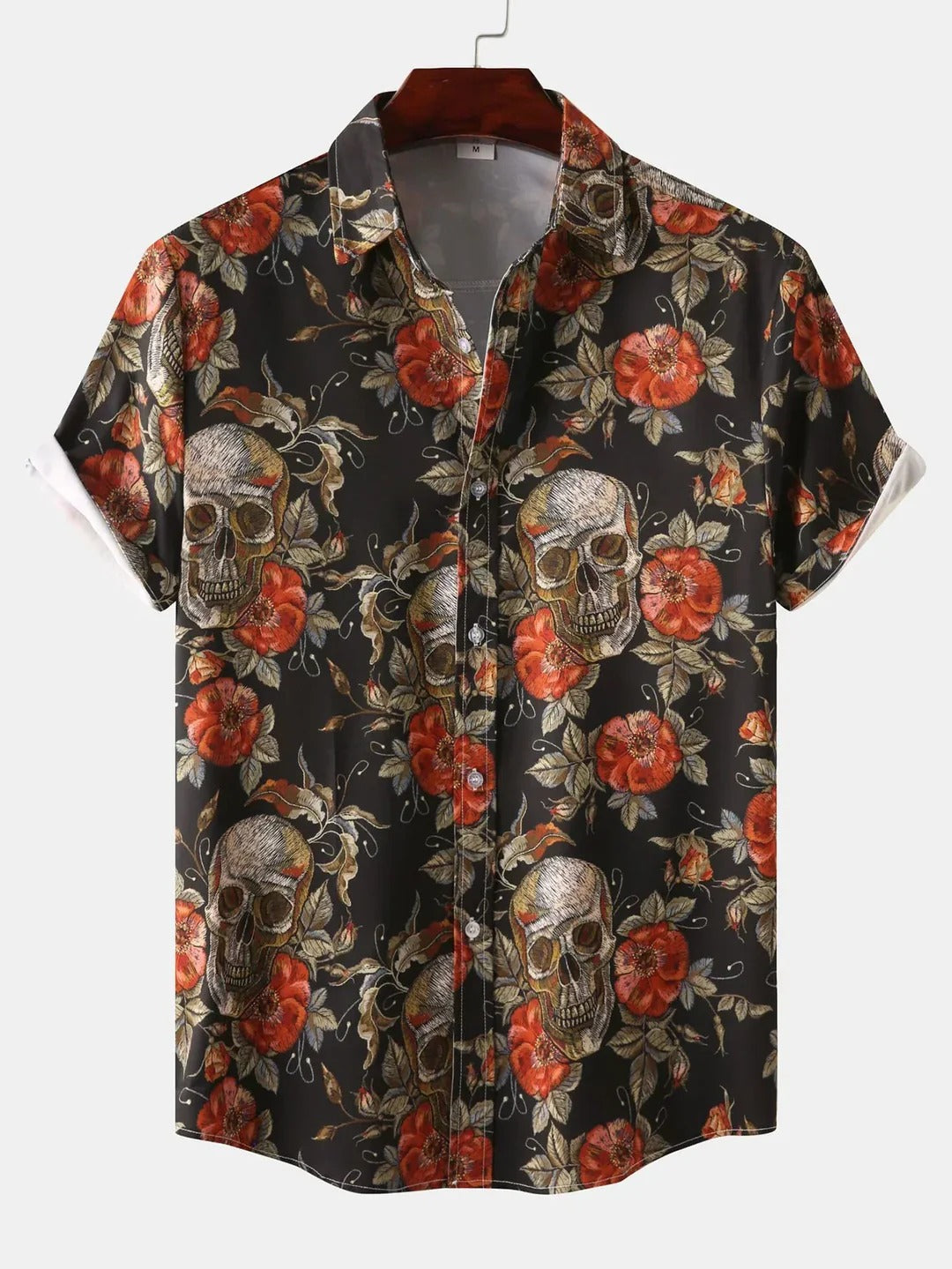 Stylish button-up shirt for men featuring a bold rose skull design, breathable fabric, and versatile style, perfect for summer days.






