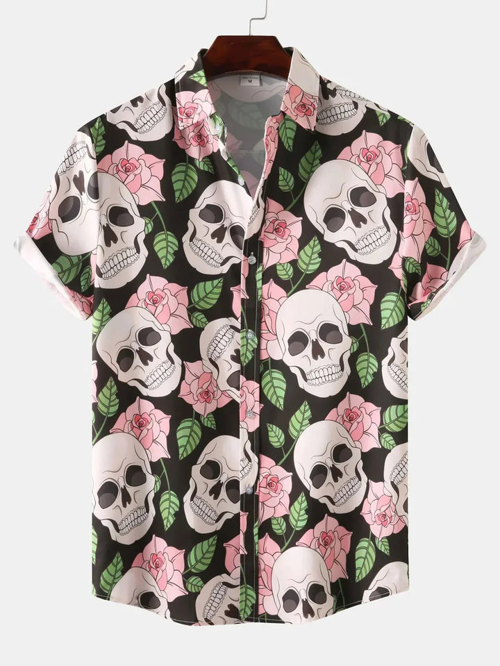 Stylish button-up shirt for men featuring a bold rose skull design, breathable fabric, and versatile style, perfect for summer days.






