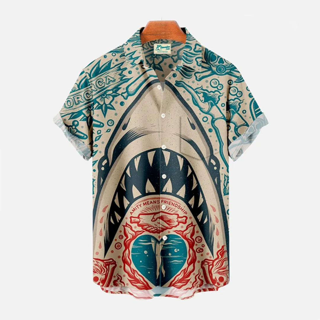 Stylish shark beach shirt with a bold shark-themed design, lightweight fabric, and relaxed fit, perfect for summer days at the beach or casual gatherings.






