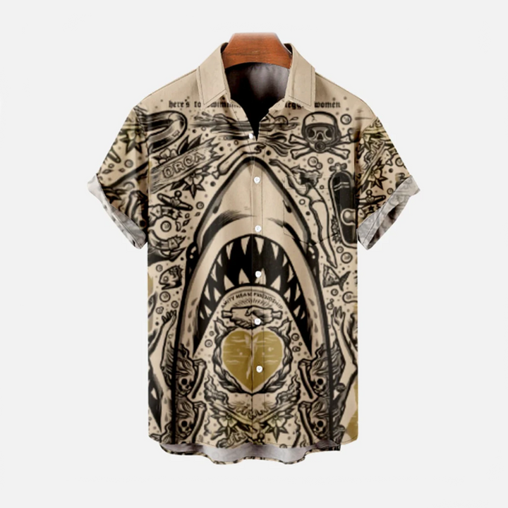 Stylish shark beach shirt with a bold shark-themed design, lightweight fabric, and relaxed fit, perfect for summer days at the beach or casual gatherings.






