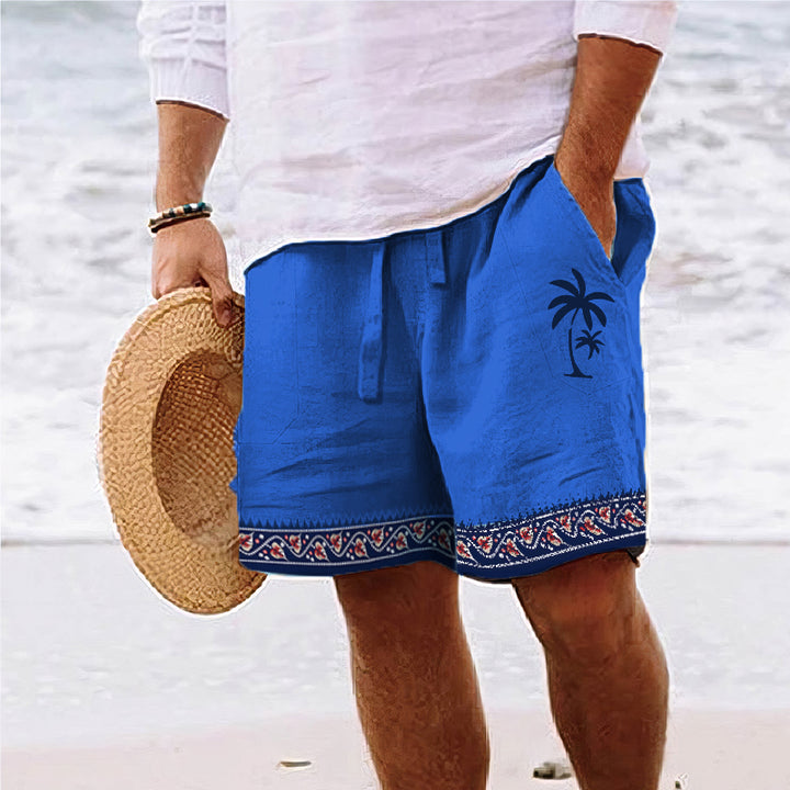 Stylish tropical beach shorts with breathable, lightweight fabric, perfect for summer days and relaxing beach adventures.