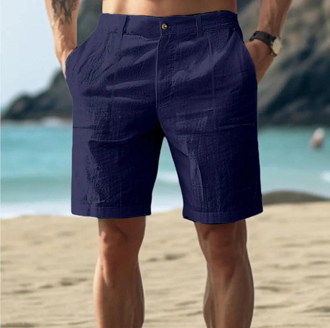 Trendy summery linen shorts with breathable fabric, lightweight design, and adjustable waistband, perfect for warm weather outings.






