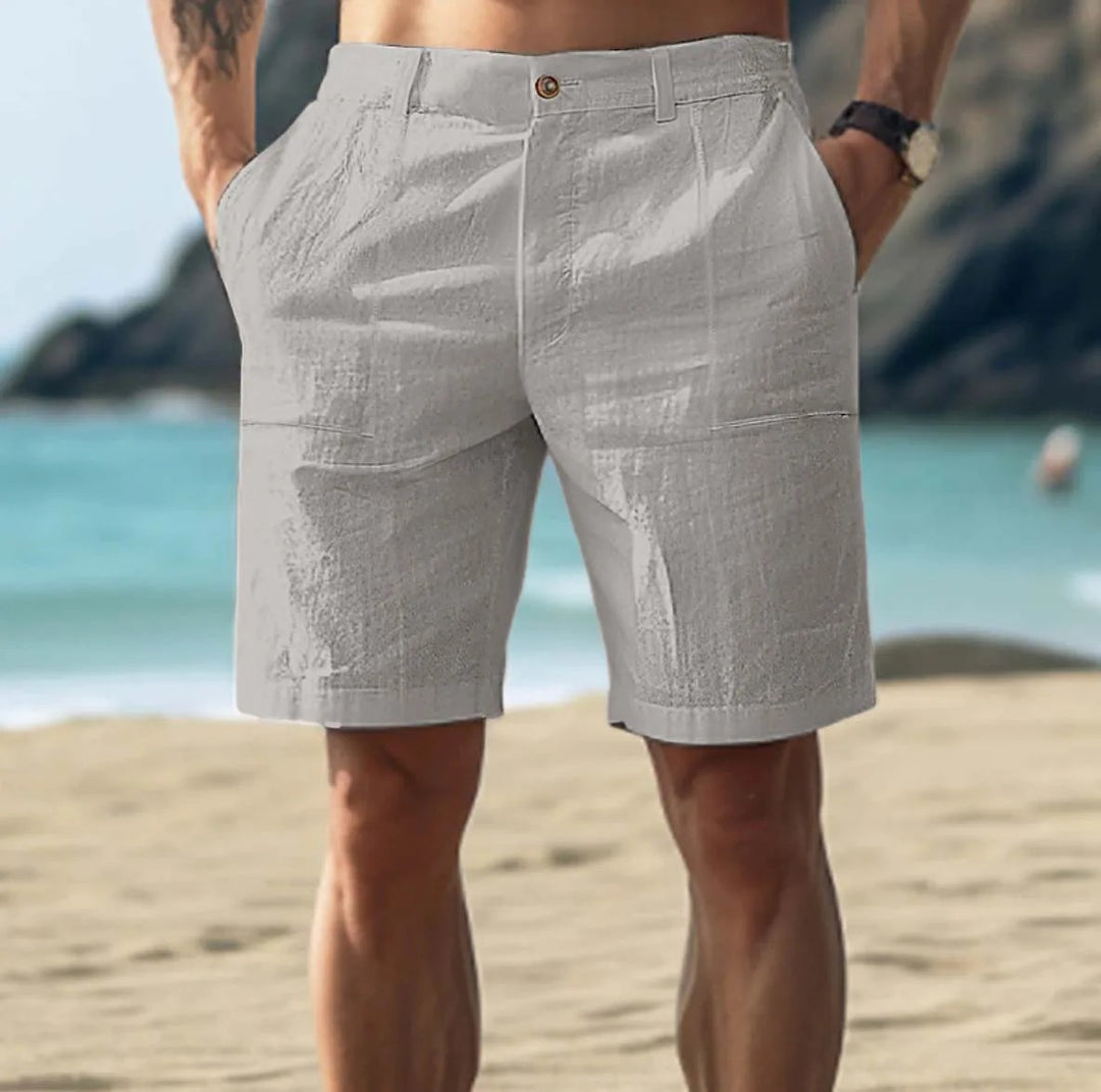 Trendy summery linen shorts with breathable fabric, lightweight design, and adjustable waistband, perfect for warm weather outings.






