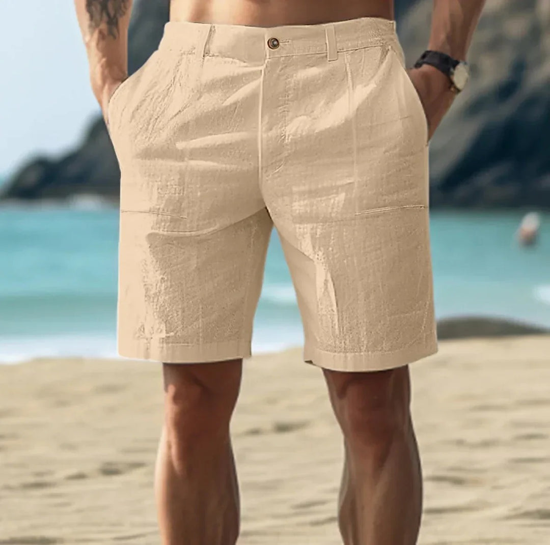 Trendy summery linen shorts with breathable fabric, lightweight design, and adjustable waistband, perfect for warm weather outings.






