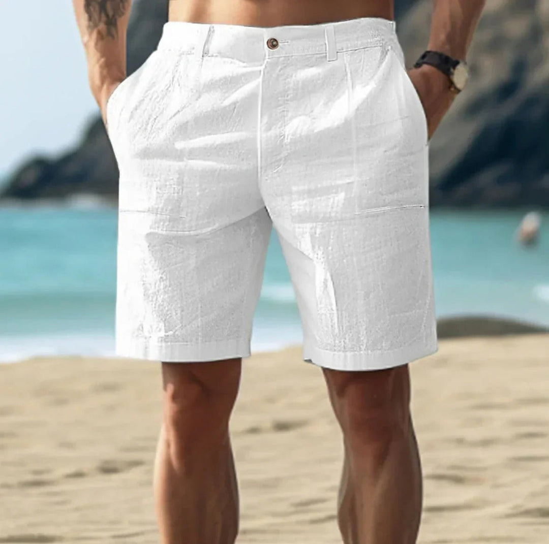 Trendy summery linen shorts with breathable fabric, lightweight design, and adjustable waistband, perfect for warm weather outings.






