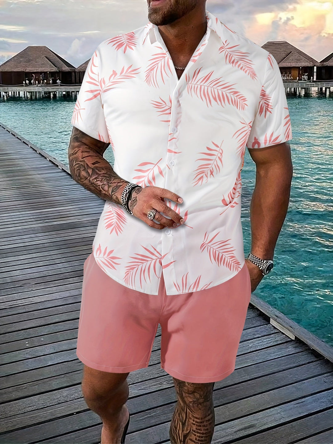 Tropical beach set for men with breathable fabric and relaxed fit, ideal for summer days and seaside adventures.