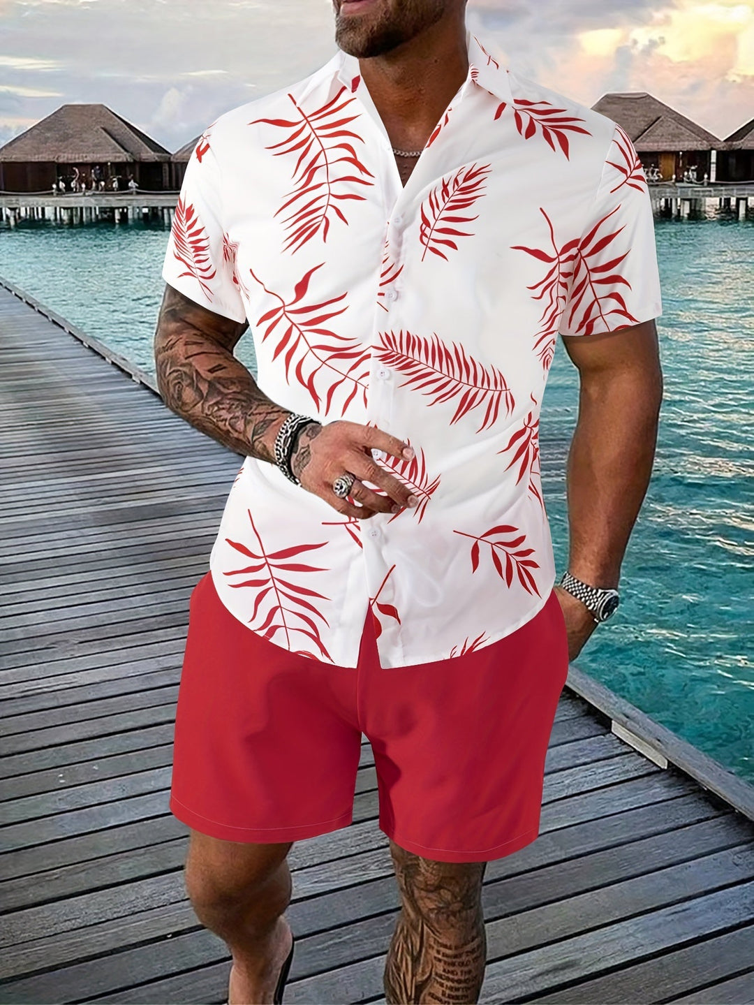 Tropical beach set for men with breathable fabric and relaxed fit, ideal for summer days and seaside adventures.