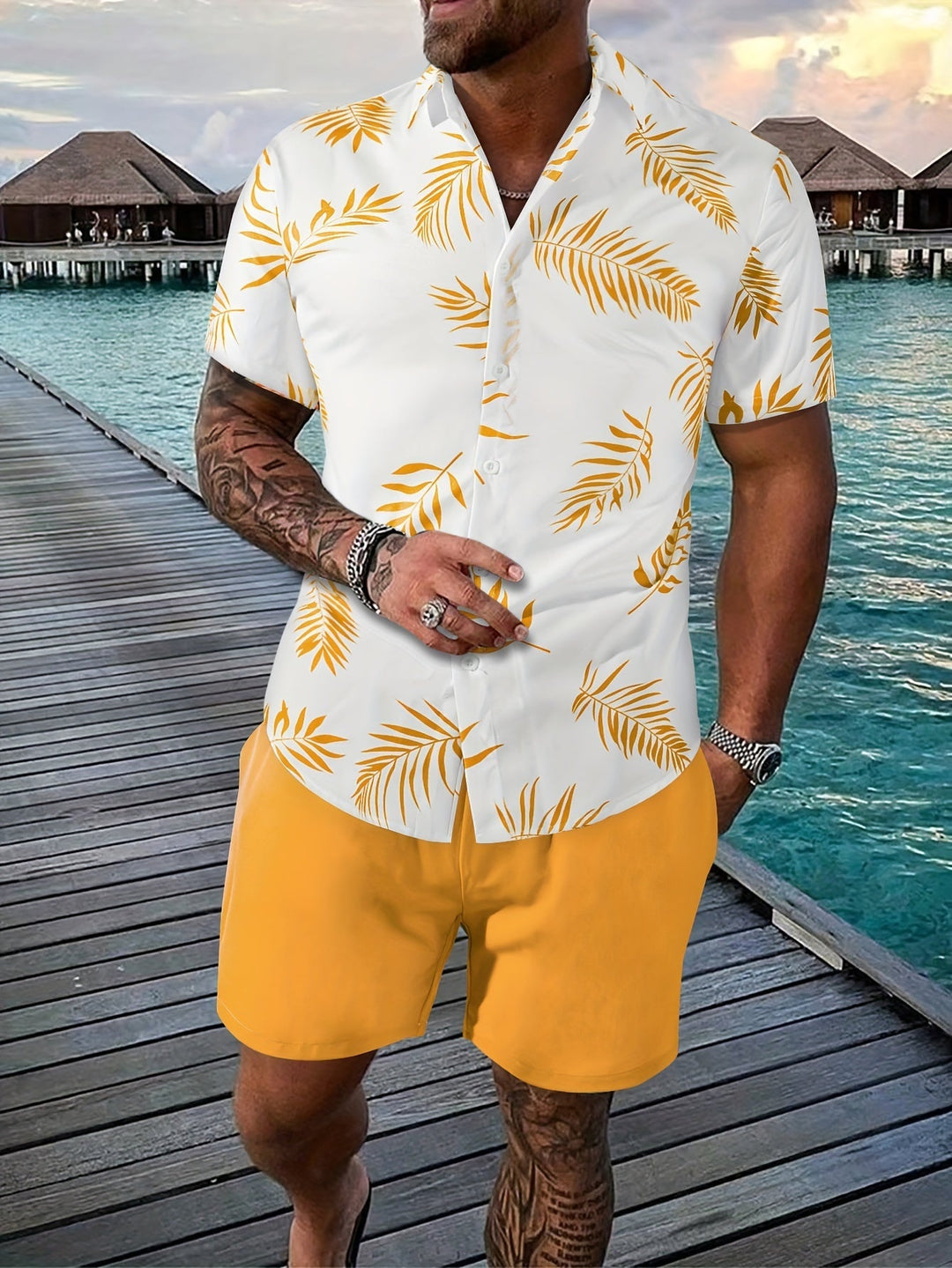 Tropical beach set for men with breathable fabric and relaxed fit, ideal for summer days and seaside adventures.