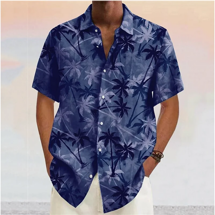 Tropical trees summer shirt for men, featuring breathable fabric, lightweight design, and a vibrant tropical print.