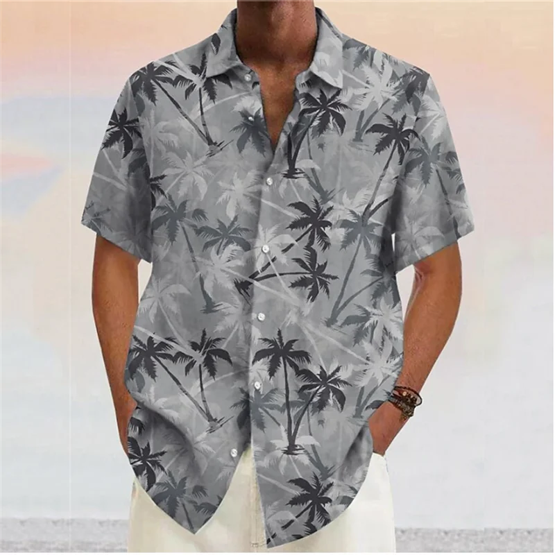 Tropical trees summer shirt for men, featuring breathable fabric, lightweight design, and a vibrant tropical print.