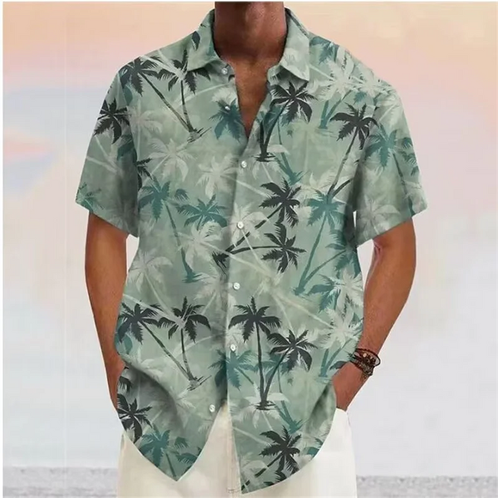 Tropical trees summer shirt for men, featuring breathable fabric, lightweight design, and a vibrant tropical print.