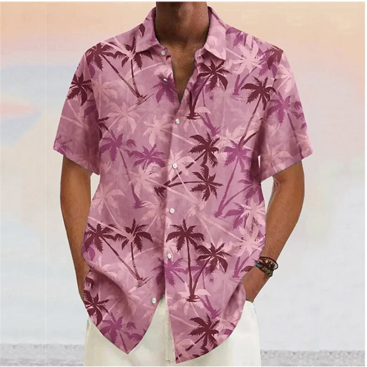 Tropical trees summer shirt for men, featuring breathable fabric, lightweight design, and a vibrant tropical print.