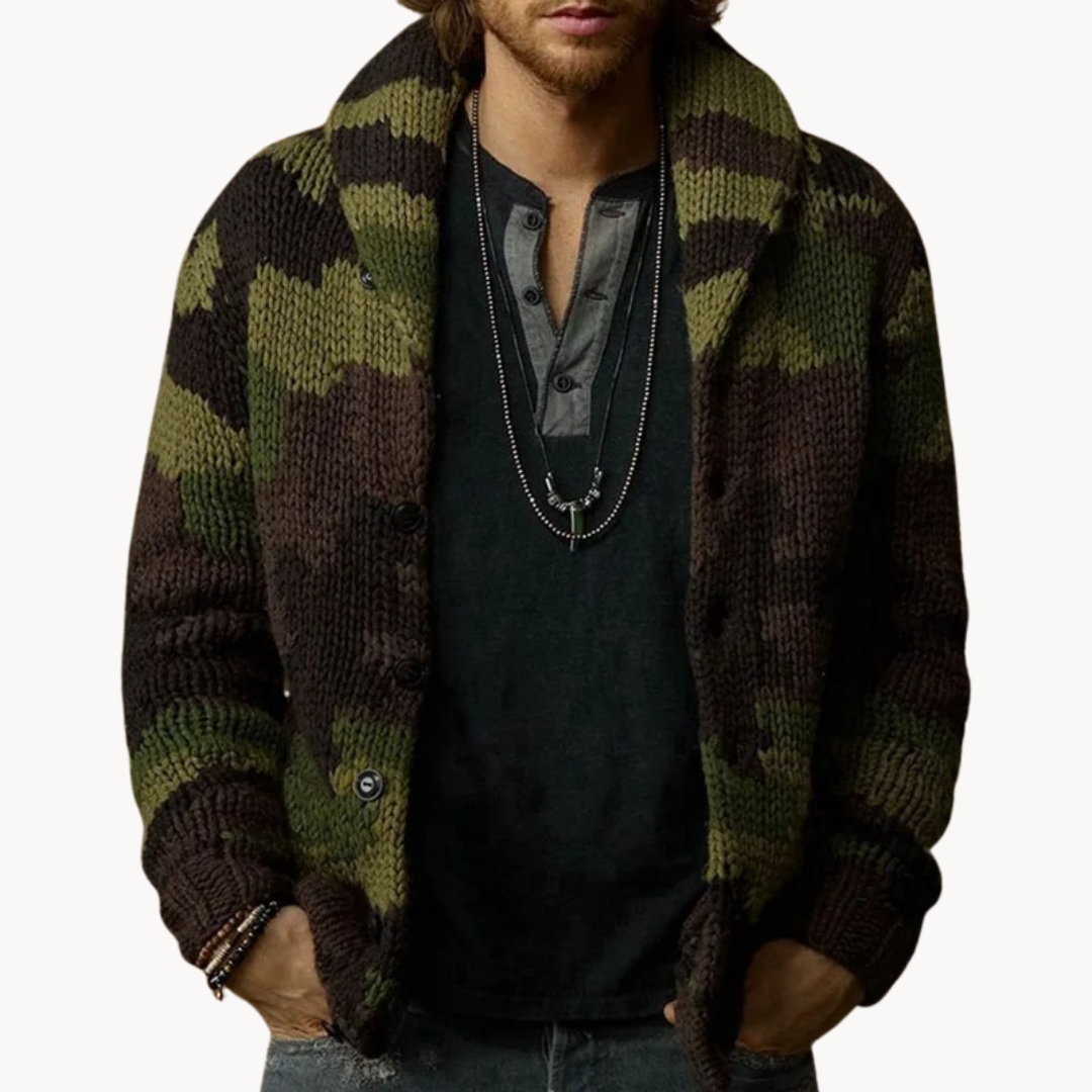 Versatile camo knit cardigan for autumn, perfect for layering on cool fall days.