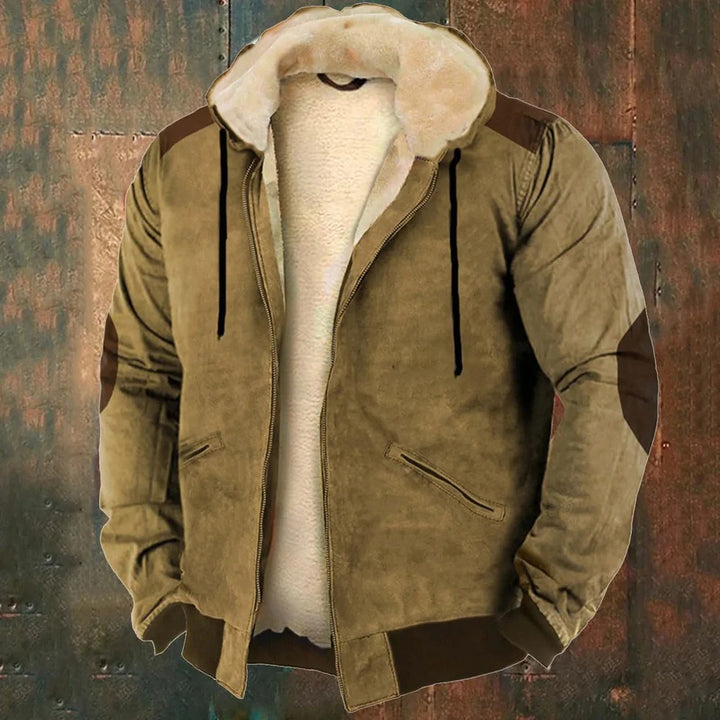 Men's warm plush hooded jacket, designed for comfort, warmth, and stylish autumn wear.